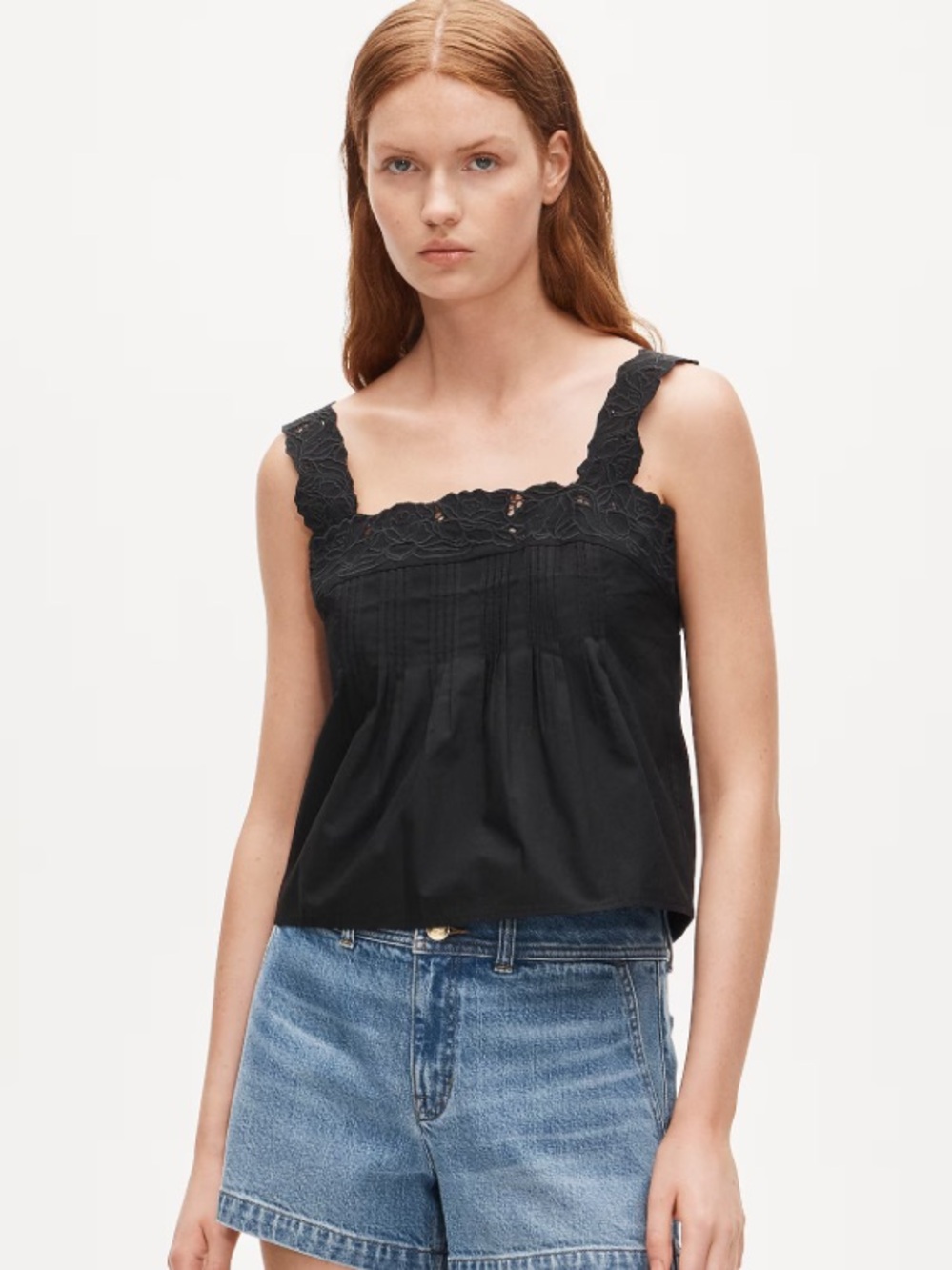 J crew black Lace-trim tank top in compact poplin